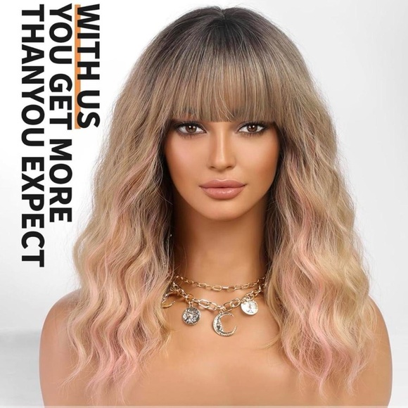 Human hair blend pink with blonde highlights wig - Picture 3 of 5